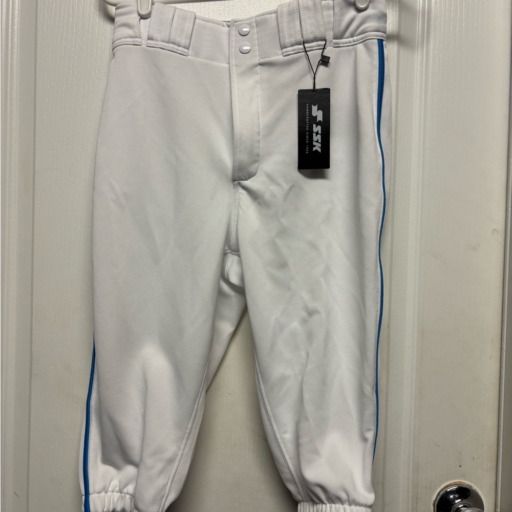 Men's SSK Showcase Collection White Shirt Baseball Pants with Blue Stripe